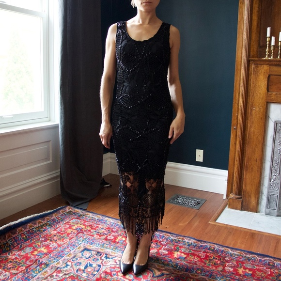 Vintage Long Black Beaded Flapper Dress - Picture 1 of 5